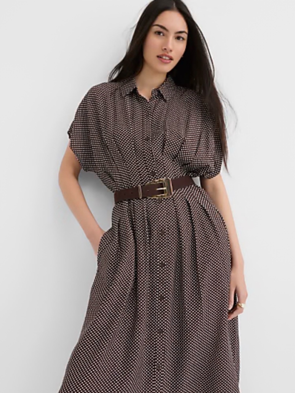 Pindot Pleated Midi Pocket Shirtdress Brown & White Large - Picture 3 of 5